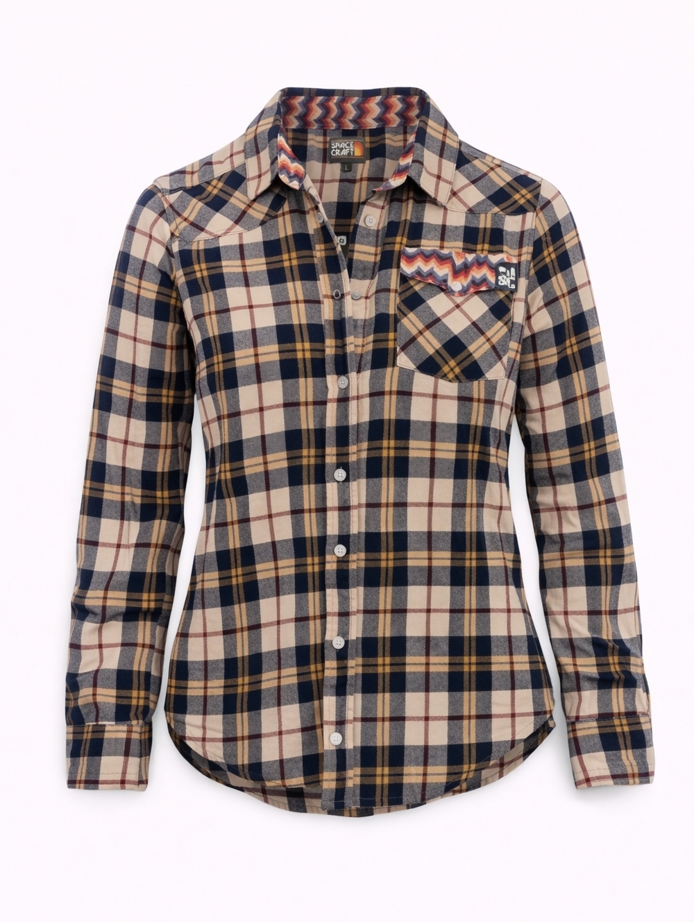 Spacecraft Flannel Shirt – Women‎ Size L – Elbow Patch Plaid